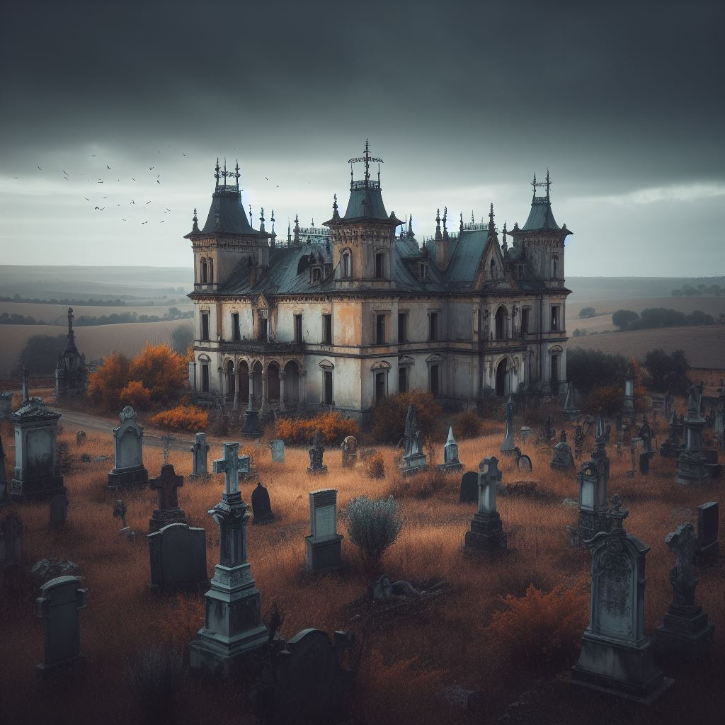 Paisaje lúgubre extremeño con un caserón rodeado de un cementerio
