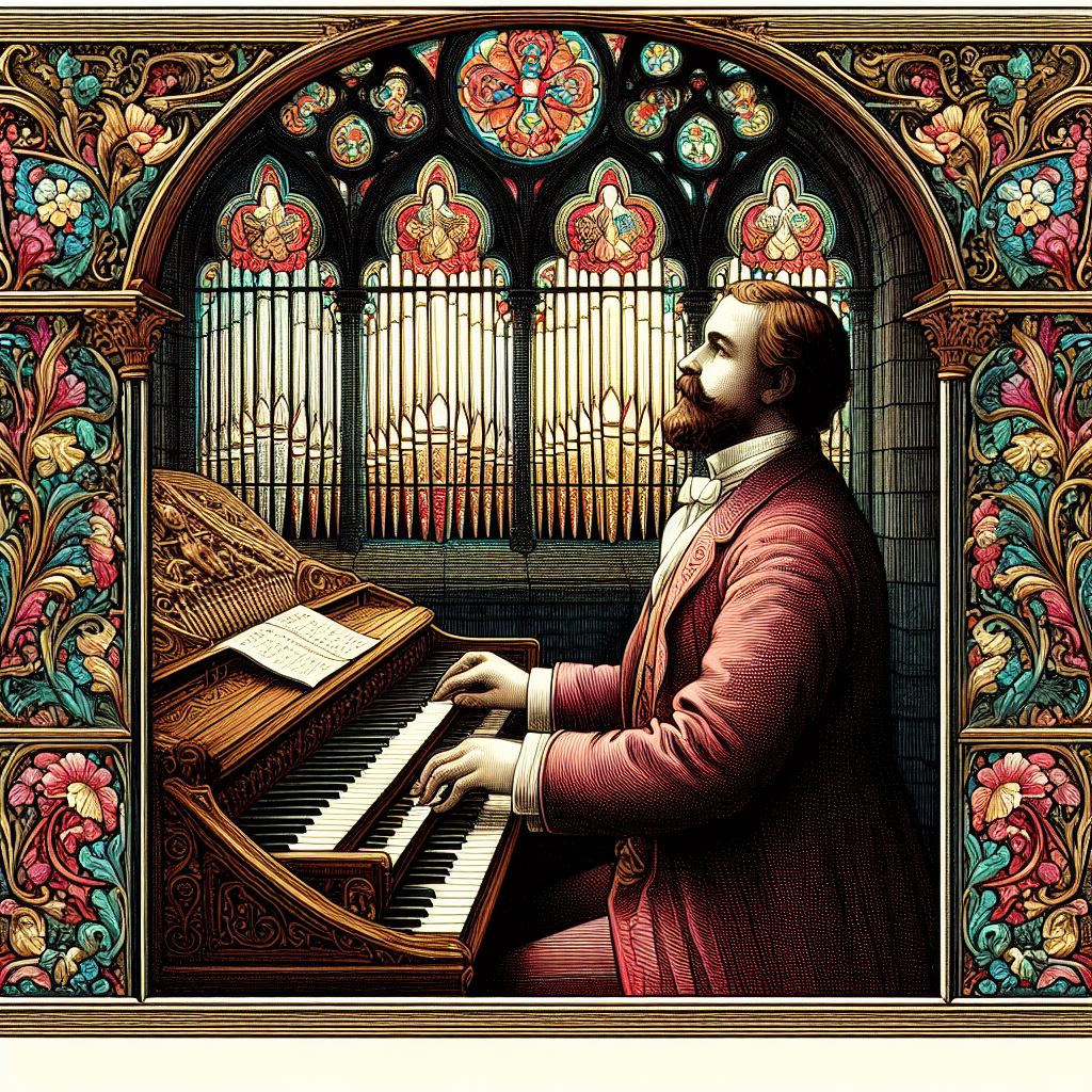 En la imagen se observa una vidriera y un organista del siglo XIX tocando